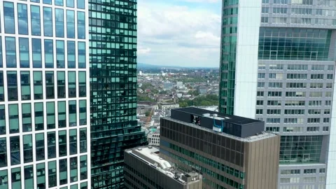 Dolly Flight through Frankfurt am Main, Germany Skyline New Skyscrapers Stock Footage