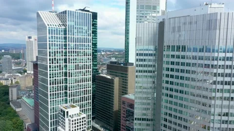 Dolly Flight through Frankfurt am Main, Germany Skyline New Skyscrapers Stock Footage 199823447