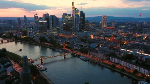 Dolly Flight through Frankfurt am Main, Germany Skyline New Skyscrapers Stock Footage 199823625