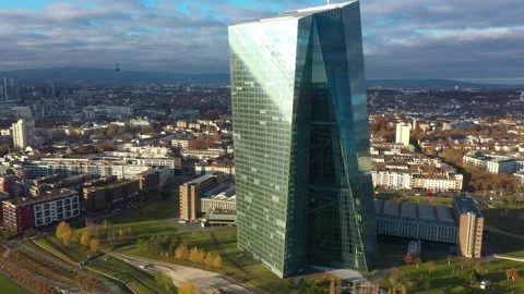 Dolly Flight through Frankfurt am Main, Headquarters of the European Bank Stock Footage 294701094