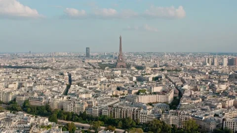 Dolly forward drone shot of the Eiffel Tower Paris at sunset Stock Footage 162707883