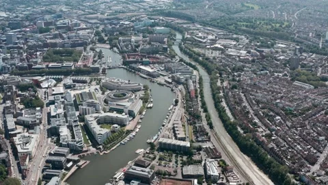 Dolly forward drone shot over Bristol Harbour sunny day 스톡 동영상 155825695