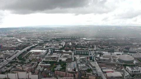 Dolly forward drone shot over Central West Glasgow towards river Clyde Video stock 161933916