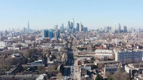 Dolly forward drone shot towards city of London skyscraper cluster over Stock Footage 150159768