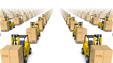Dolly forward over many Forklifts with Boxes to none Stock Footage 33910430