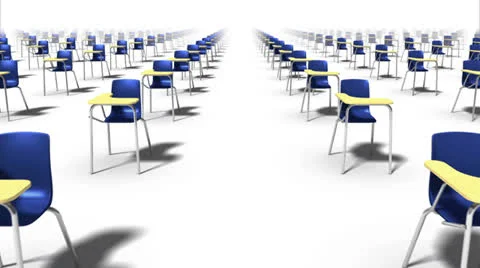 Dolly forward over many School Chairs to none (blue) Stock Footage 26724679