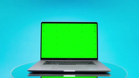 Dolly In Green Screen Laptop Mockup on Blue Background Stock Footage 335686741