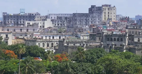 Dolly High Angle Establishing Shot of Old Buildings in Havana Cuba Stock Footage