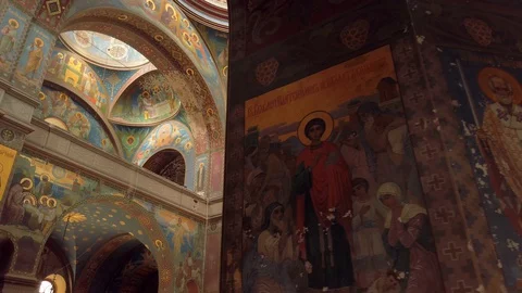 Dolly Interior New Athos Monastery Abkhazia temple painting fresco church murals Video stock 128621291