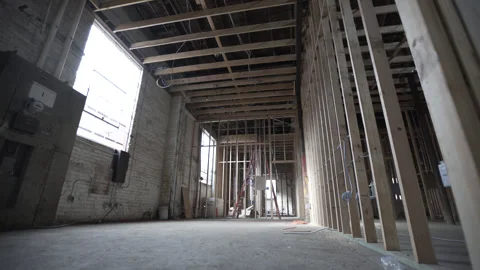 Dolly Left Right Passing Wood Beams Revealing Room Brick Wall Stock Footage 336325881