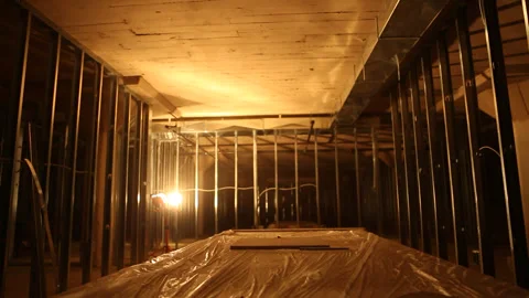 Dolly Left Right Shot Metal Stud Framing Unfinished Construction Site Interior Vidéo 336287613