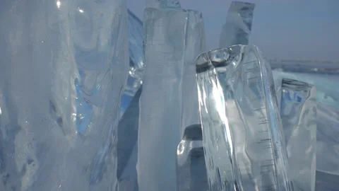 Dolly macro transparent clear ice blocks, icebergs hummocks winter lake Baikal Stock Footage 165663800