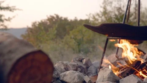 DOLLY MOTION: Breakfast is preparing to fire. Food in the campaign. Romantic Stock Footage 76201067