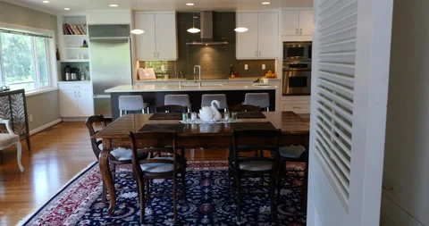 Dolly move reveals an large, upscale modern kitchen, Seattle, Washington. Stock Footage 131498937