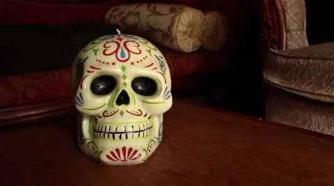 DOLLY MOVE WITH SKULL: Dolly towards skull, hold, continue Vídeo Stock 47572042