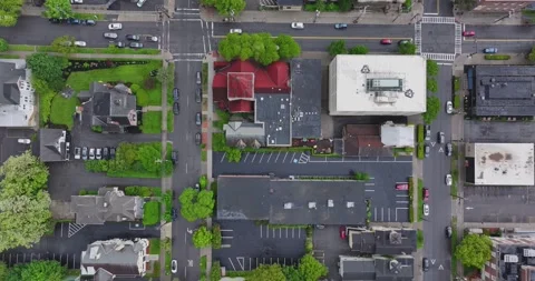 Dolly movement forward, straight down, over North Aurora Street, Ithaca, NY. Stock Footage 310191082