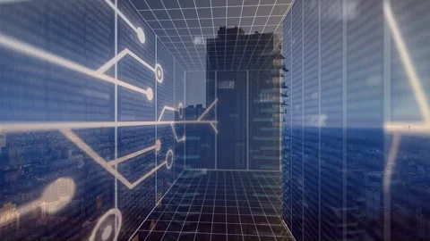 Dolly moving grid corridor forward, shifting right, showing skyline and binary, Stock Footage 333689386