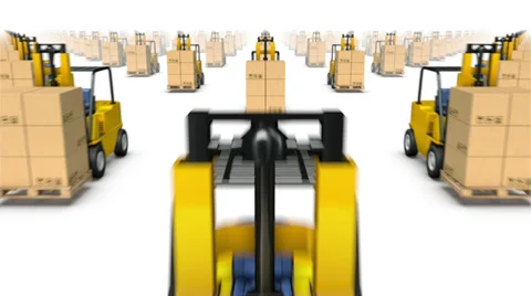 Dolly over many Forklifts with Boxes to single Forklift with Box Stock Footage 33910226