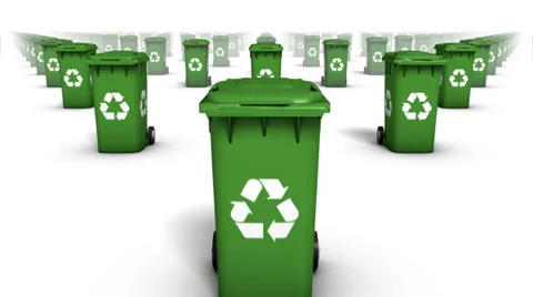 Dolly over many Recycle Bins to single Bin (Green) Stock Footage 33401657