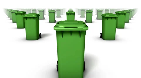 Dolly over many Trash Cans to single Can (Green) Stock Footage 33605470