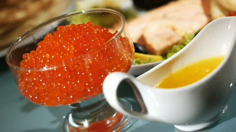 Dolly of pancake with red caviar 2 Stock Footage 588568