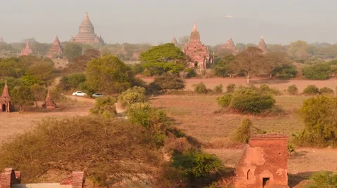 Dolly panoramic shot of old Bagan Pagodas in Myanmar Stock Footage 61347795