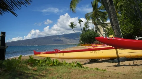 Dolly pull-out back outrigger canoes on exotic tropical beach on Maui Hawaii Stock Footage 119086694