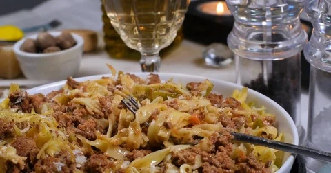 Dolly push out close up view of delicious fettuccine (pasta) in bolognese sauce Stock Footage 76181884