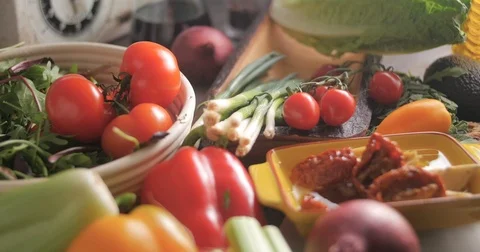 Dolly push out view of fresh, healthy, organic ingredients for salad Stock Footage 71847305