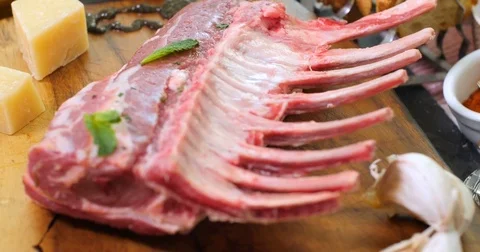 Dolly push out view of ingredients for minted rack of lamb Stock Footage 74569019