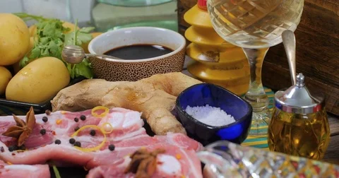 Dolly push out view of ingredients for delicious braised sticky king pork ribs Stock Footage 78122655