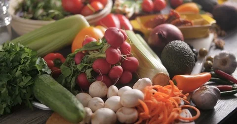 Dolly push in view of fresh, healthy, organic ingredients for salad Video stock 71586516