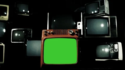 Dolly In On Red Retro Television Stack With Iron Tone And Green Screen  Stock Footage 87907270