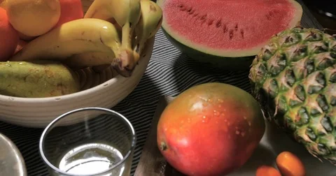 Dolly revealing view of an assortment of fresh, healthy, organic fruits Stock Footage 71854954