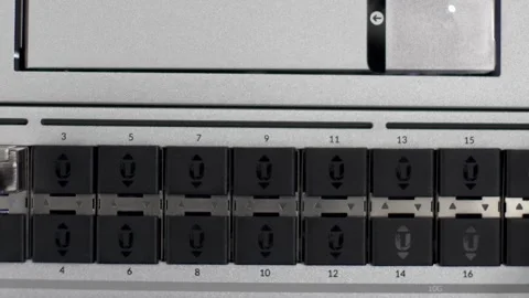 Dolly Right View Across View Of Empty Ports On Server Rack. Macro Shot Stock Footage 254685471