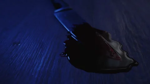 Dolly of a sharp kitchen knife lying in a pool of blood on a grizzly crime Stock Footage 278255832