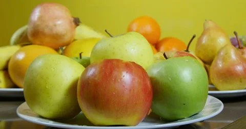Dolly shot from apples to pears close up, natural and fresh fruits. Stock Footage 60738714