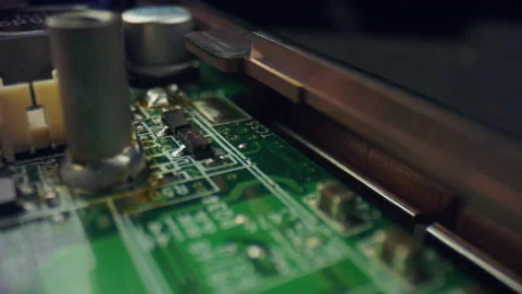 Dolly shot of circuit board. Integrated communication processor of computer Stock Footage 132313951