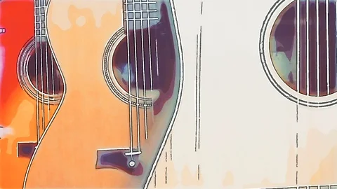 Dolly shot of classical guitars hanging on the wall, watercolor effect Video stock 87266220