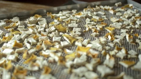 Dolly shot moving out of dried lemon skins on trays Stock Footage 73579046