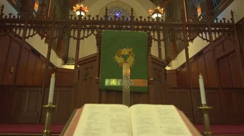 Dolly Shot in old Pipe Organ Church with bible (Untrimmed) Stock Footage 10712988