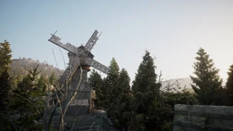 Dolly shot of an old windmill in sunset - 3d animation Stock Footage 226983017