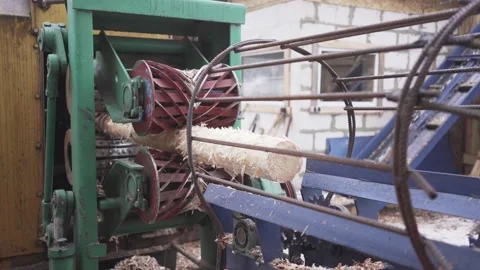 Dolly shot of Processing of round timber logs for building wooden house Stock Footage 130879237