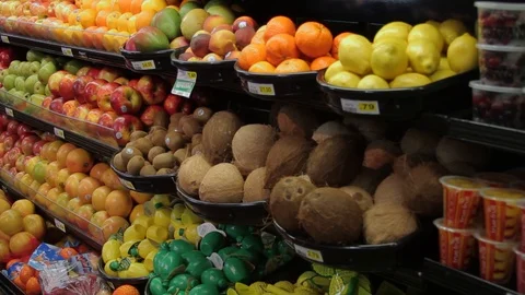 Dolly Shot of Produce Section in Grocery Store Stock Footage 117187370