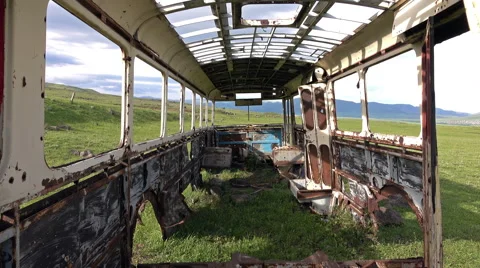 Dolly shot of the rusted auto bus Stock Footage 68000072