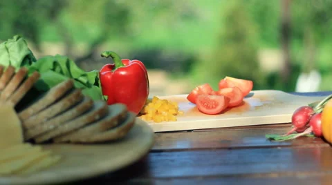 Dolly shot of table full of food in the garden HD Stock Footage 5710312
