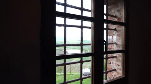 Dolly in shot of window with bars and external view on field with lake, dark Stock-Footage 317403262