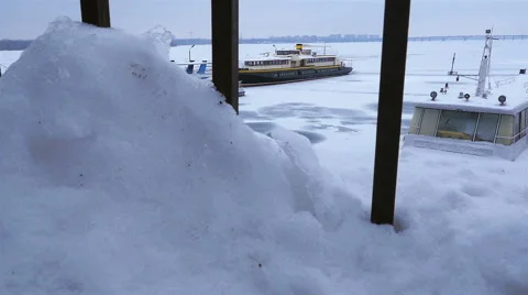 Dolly shot of winter river port. Ukraine. Stock Footage 59682687