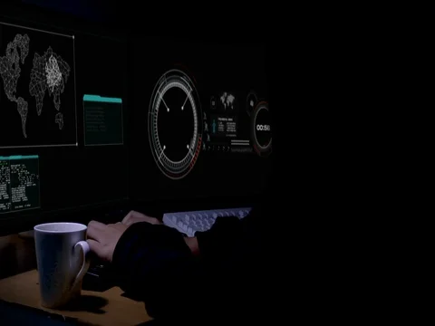 Dolly Slider Hacker using computer with HUD and hacking code for futuristic a Stock Footage 77175599