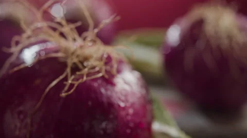 Dolly in on a spinning red onion head Stock Footage 132500332